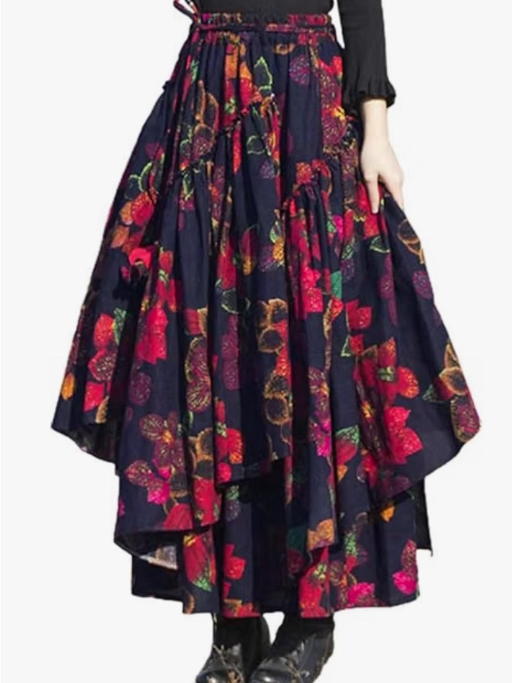 Bohemian Floral Tiered Maxi Skirt - Navy with Pink & Red Floral